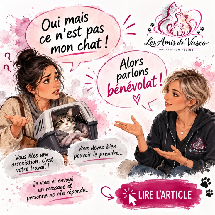 Illustration : une personne apporte un chat dans une caisse en disant « Oui mais ce n'est pas mon chat ! », une bénévole des Amis de Vasco lui répond « Alors parlons bénévolat ! »